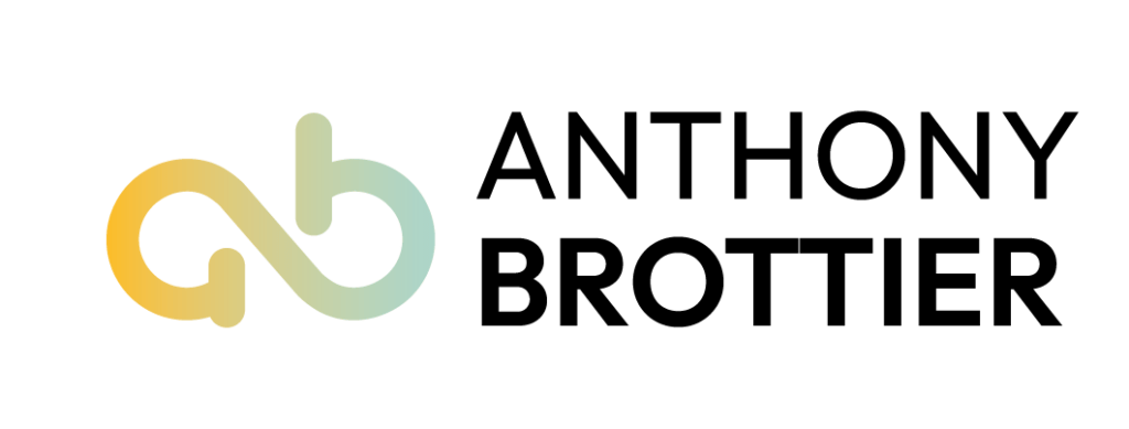 Conception de logo et identité visuelle pour Anthony Brottier par Gaëlle Geay. Logo composé d'un monogramme "ab" stylisé en dégradé jaune et vert, accompagné du nom en lettres capitales noires.