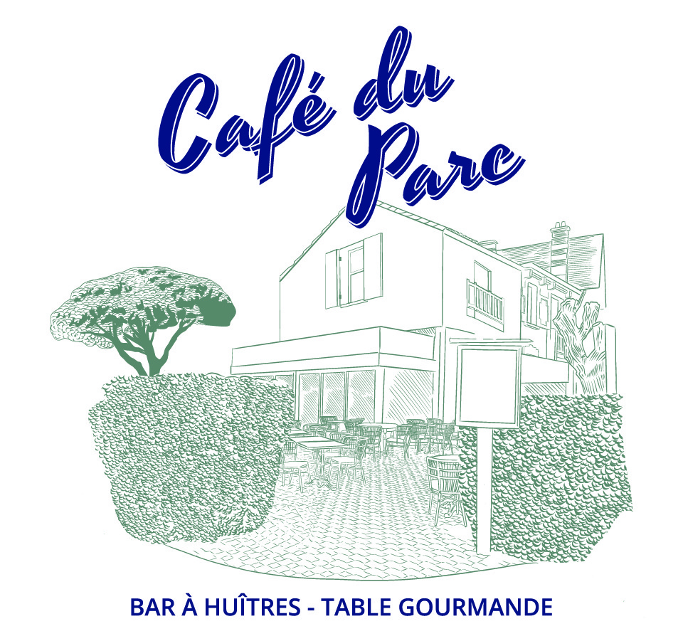 Logo du Café du Parc conçu par Gaëlle Geay : illustration au trait vert forêt de la façade du restaurant et typographie bleue manuscrite, mentionnant Bar à Huîtres et Table Gourmande.